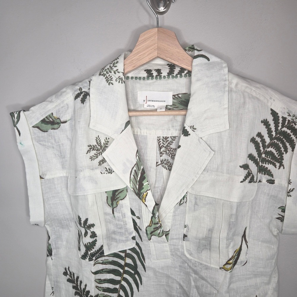 Anthropologie 100% Linen Tropical Leaf Print Button Front Blouse Size S - Picture 3 of 5